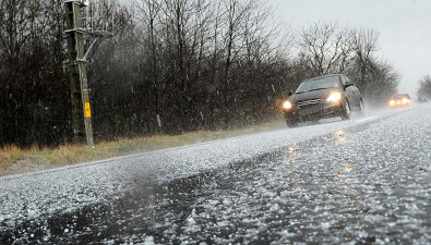 Hail Falling on Vehicles and Road