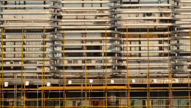 Construction site scaffolding on building