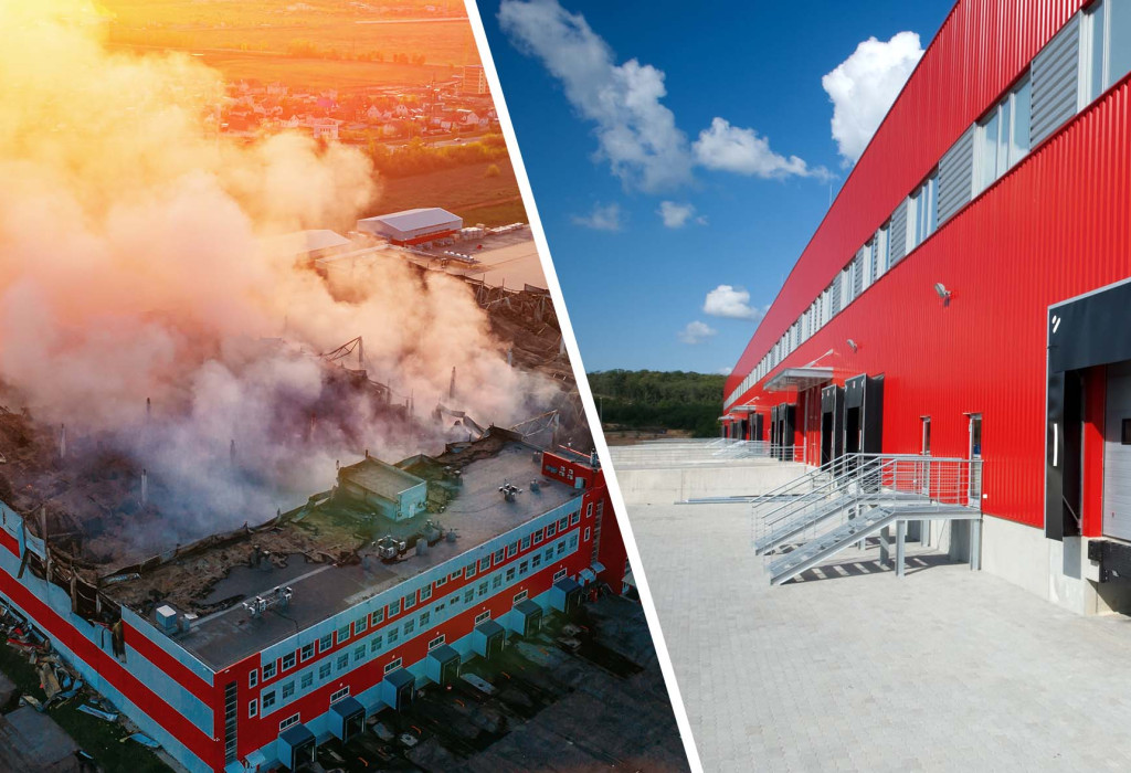 Collage of a Burning Building and a Newly Built Building